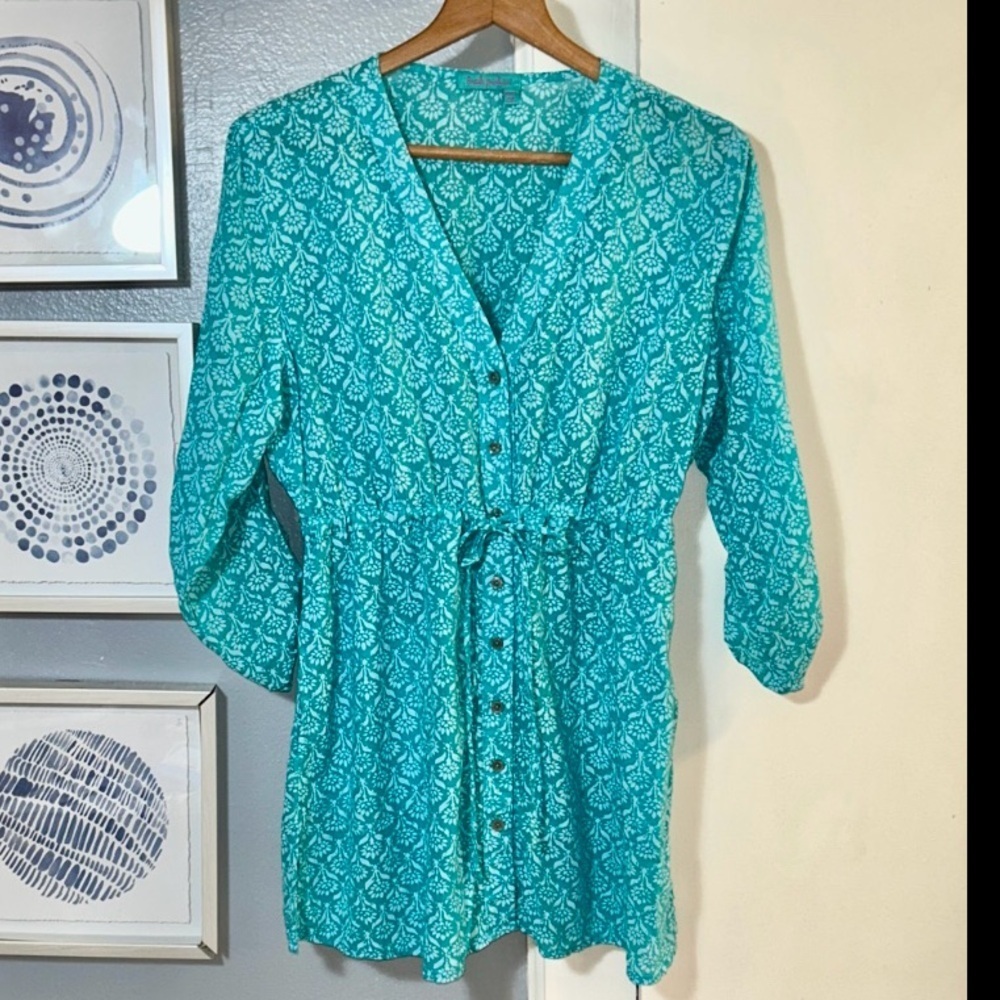 Fresh Produce Teal Floral-Print V-neck Button Front Tunic Top Size M/L Pockets